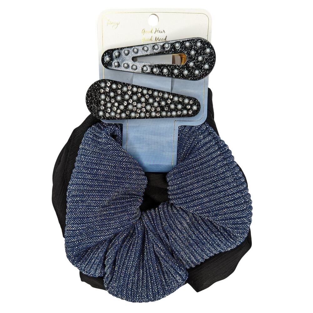 Berry Hair Scrunchie and Barrette Set Blue Black Shimmer Set of 2 Pack - Picture 2 of 4
